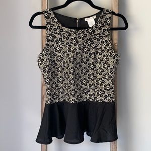 A'GACI Black and Gold Peplum Top, Size Medium